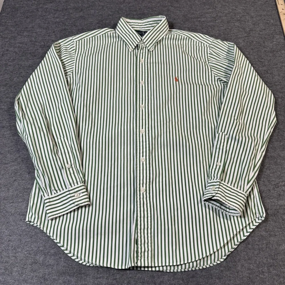 VTG Polo Ralph Lauren Classic Fit Shirt Men's L Green Striped Orange Pony 90s